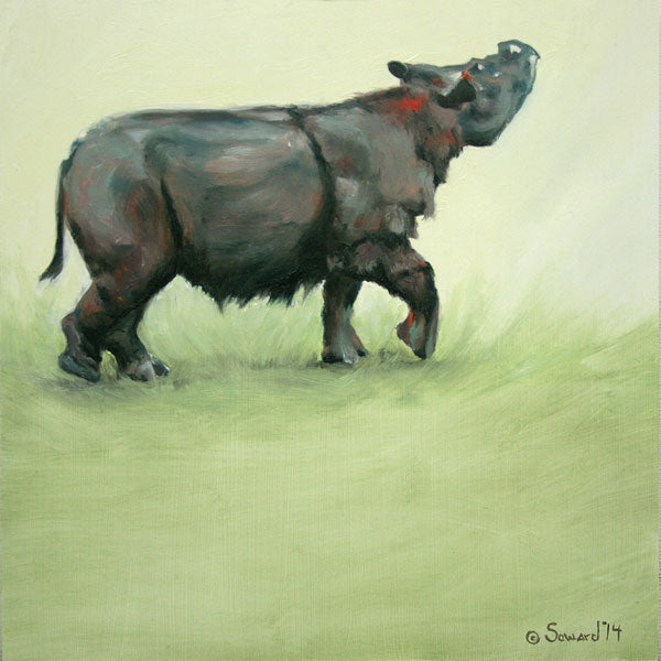 Suci Rhino, copyright Sarah Soward, painting of a Sumatran rhino prancing