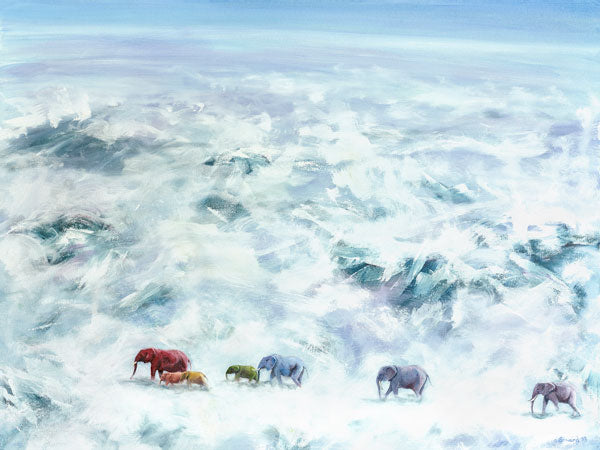 The Messenger, copyright Sarah Soward, painting of a rainbow colored herd of elephants crossing a cloudy and mountainous sky