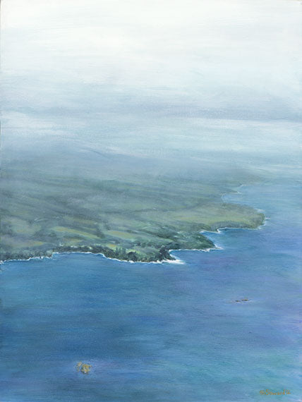 The Same Deep Water as You, copyright Sarah Soward, painting of the Hilo coast of Hawaii with rhinos swimming in the ocean