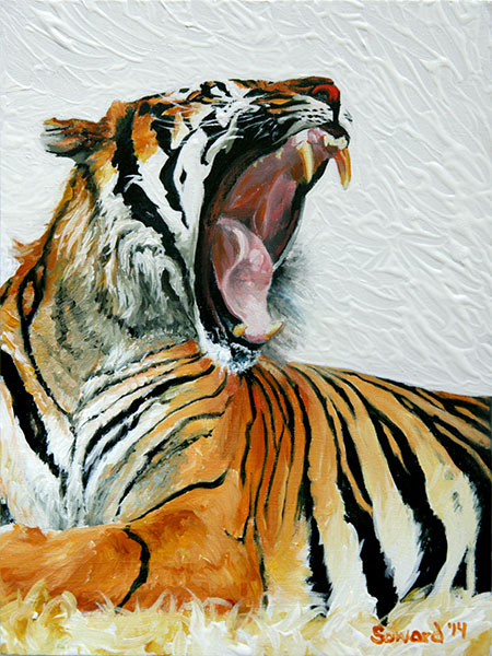 The Yawn, Tiger, copyright Sarah Soward, painting of a tiger yawning
