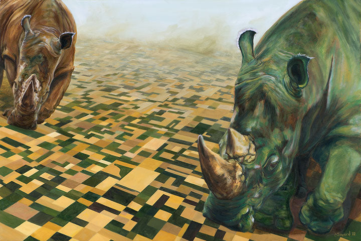 These Hands, copyright Sarah Soward, painting of a green rhino and a brown rhino walking across farmland