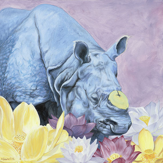 Tusk, copyright Sarah Soward, painting of Guahati, a one horned rhino, surrounded by lotus flowers