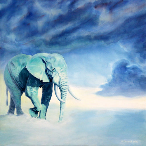 Uranus, copyright Sarah Soward, painting of an elephant in rainy looking clouds with lots of greens and blues