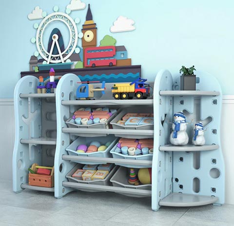 Kids Multi Storage Toys & Books Organiser with 6 Bins & 7 Multi-Layer Shelf Rack. (Blue)