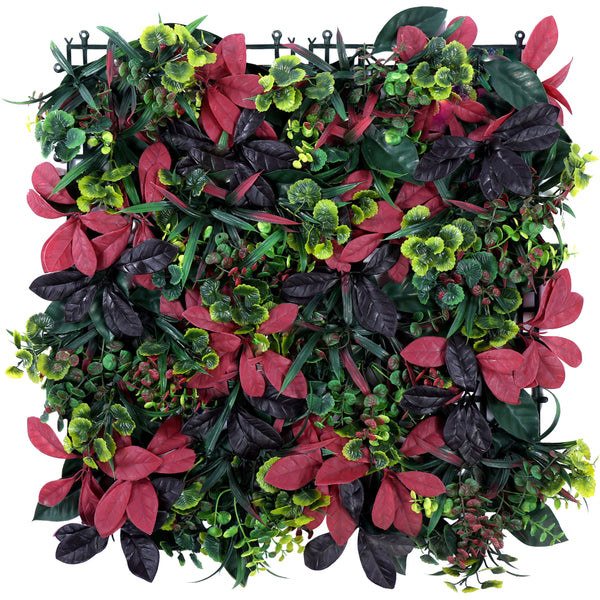 Red and Lush Green Leaves  Artificial Vertical Garden Wall Tile (Size: 50cm x 50cm, Pack of 1)