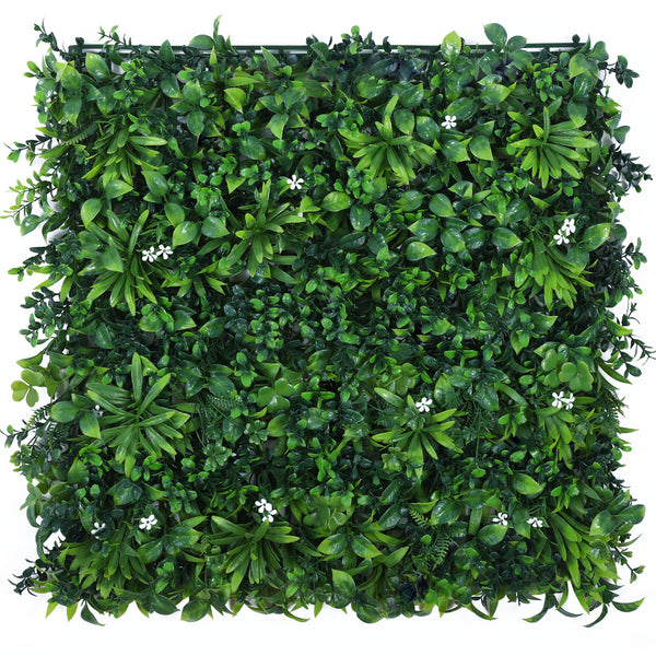 Mix Green Leaves with White Flowers Artificial Vertical Green Garden Wall Tile (Size: 50cm x 50cm, Pack of 1)