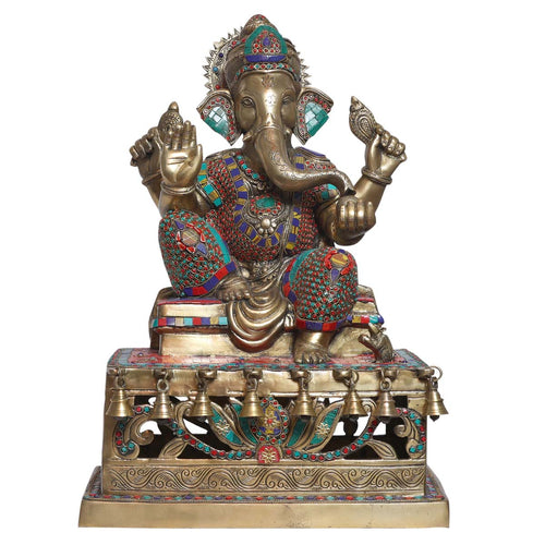 Lord Ganesha color stone sitting on bell stagec Idol made of Pure Brass