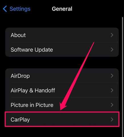 iPhone settings with CarPlay highlighted