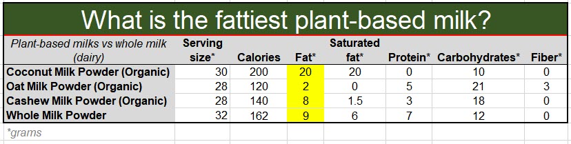 What is fattiest plant-based milk_table_comparison