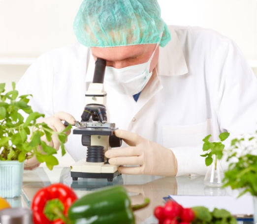 Scientist looking through microscope.