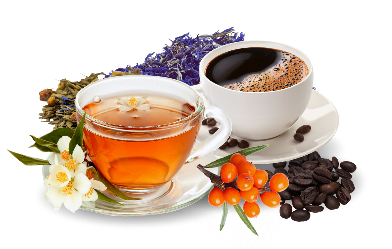 Cup of tea and coffee displayed with dried tea leaves and coffee beans.