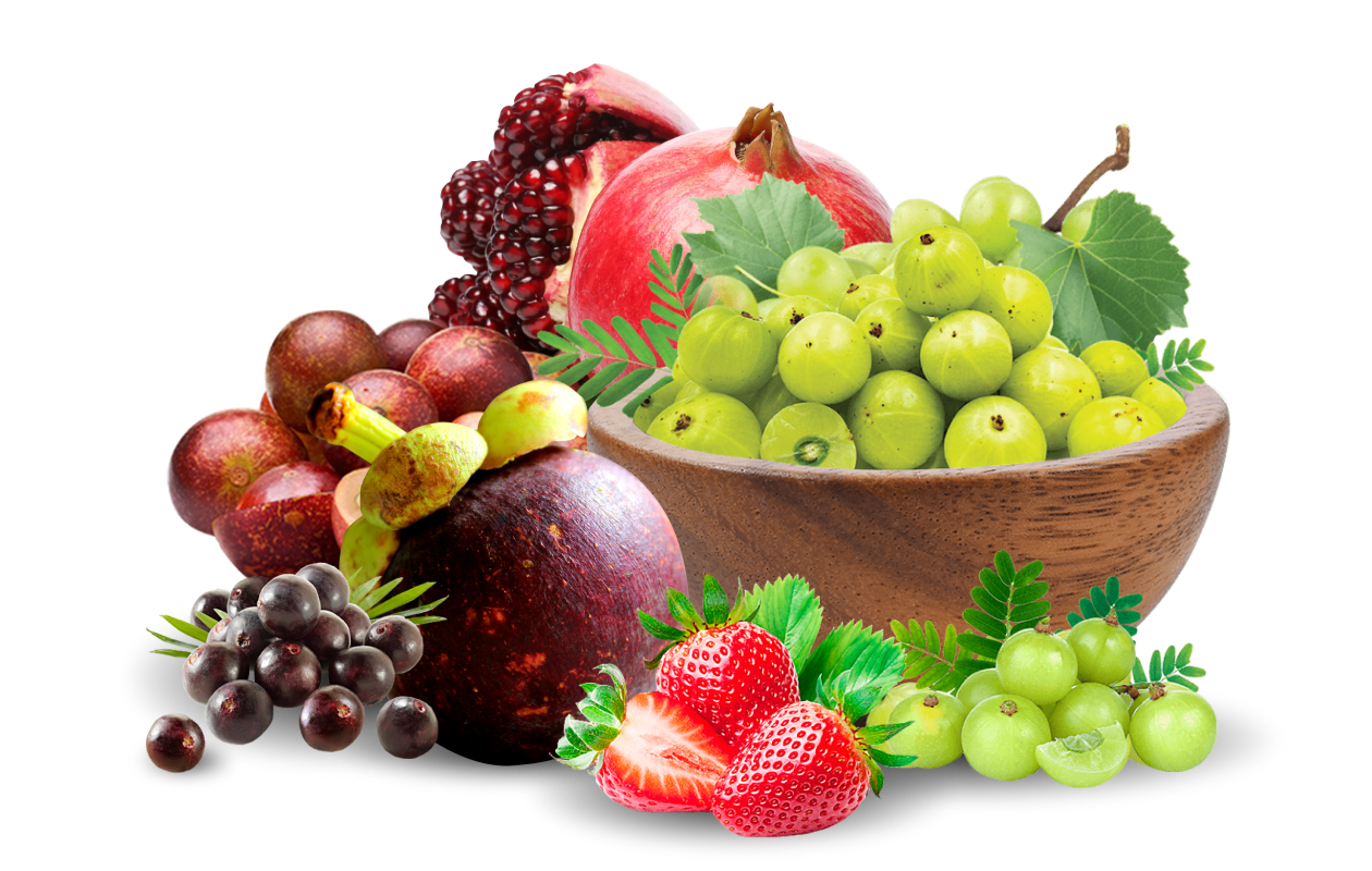 Bowl of Amla fruit alongside sliced pomegranate, camu camu berries, and sliced strawberries.