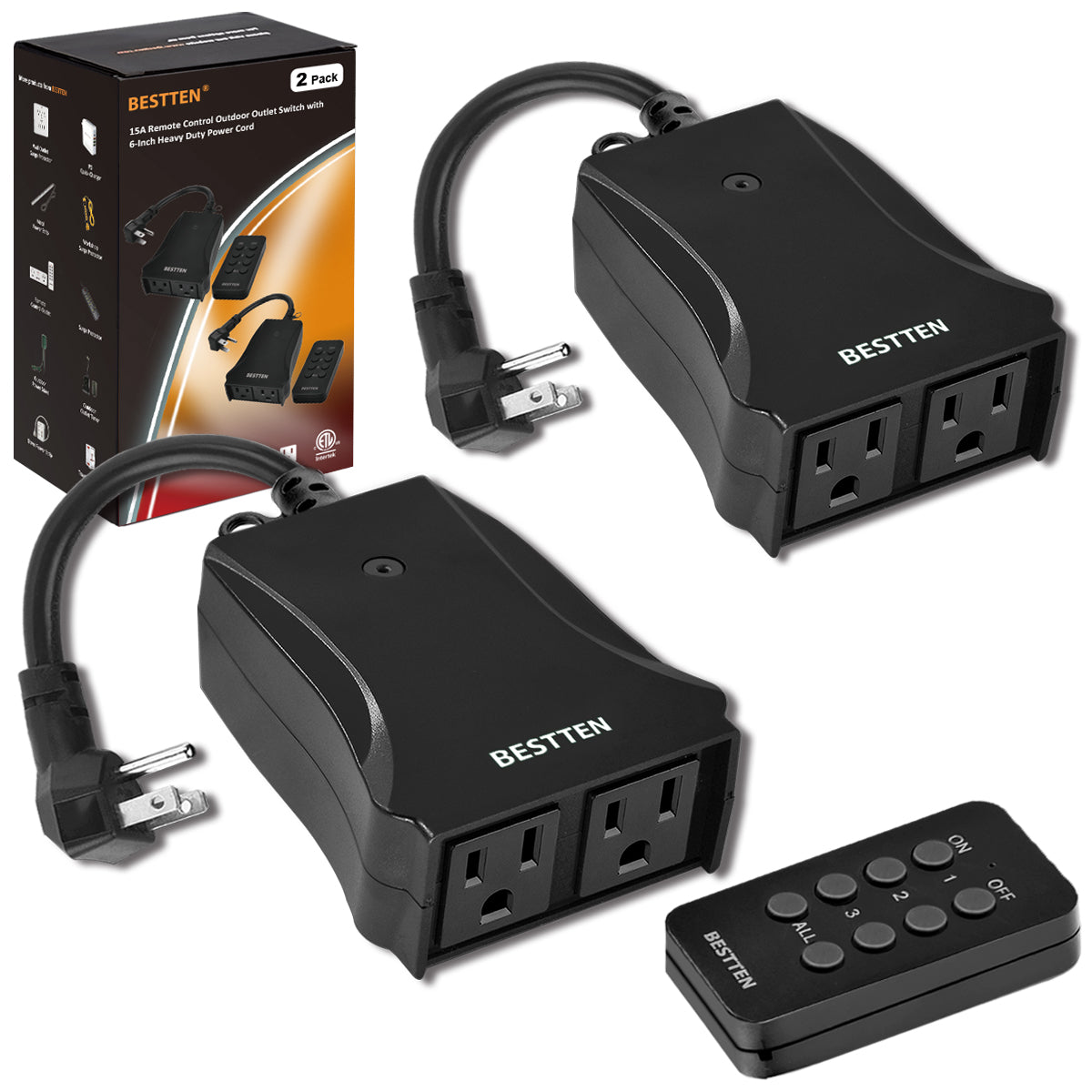 Bestten Wireless Remote Control Outlet Combo Kit (2 Wall Outlets+1