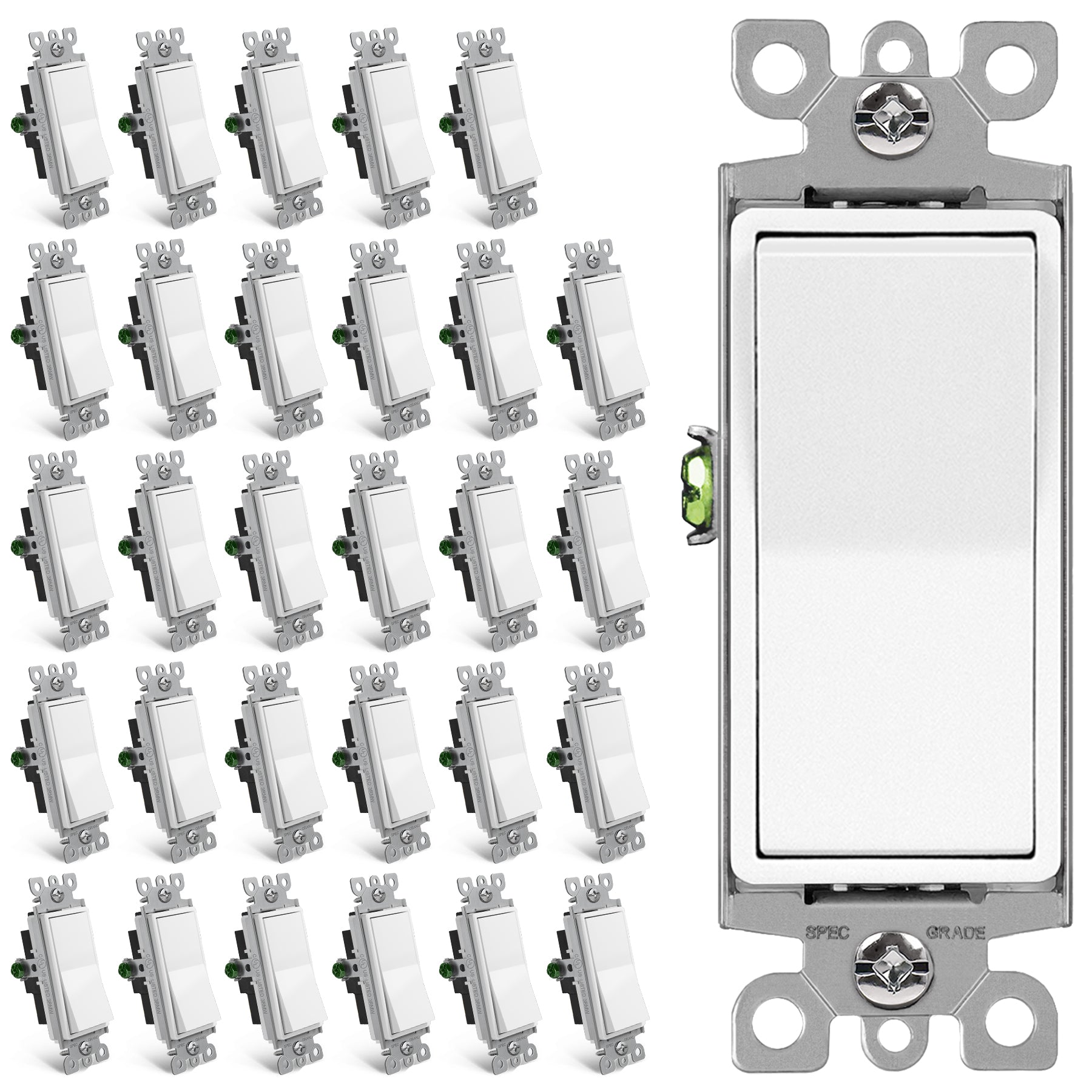 30 Pack BESTTEN 3-Way Decorator Wall Light Switch, 15A 120V, Paddle Wall Switch, On Off Rocker Interrupter, ETL Listed,White - 3