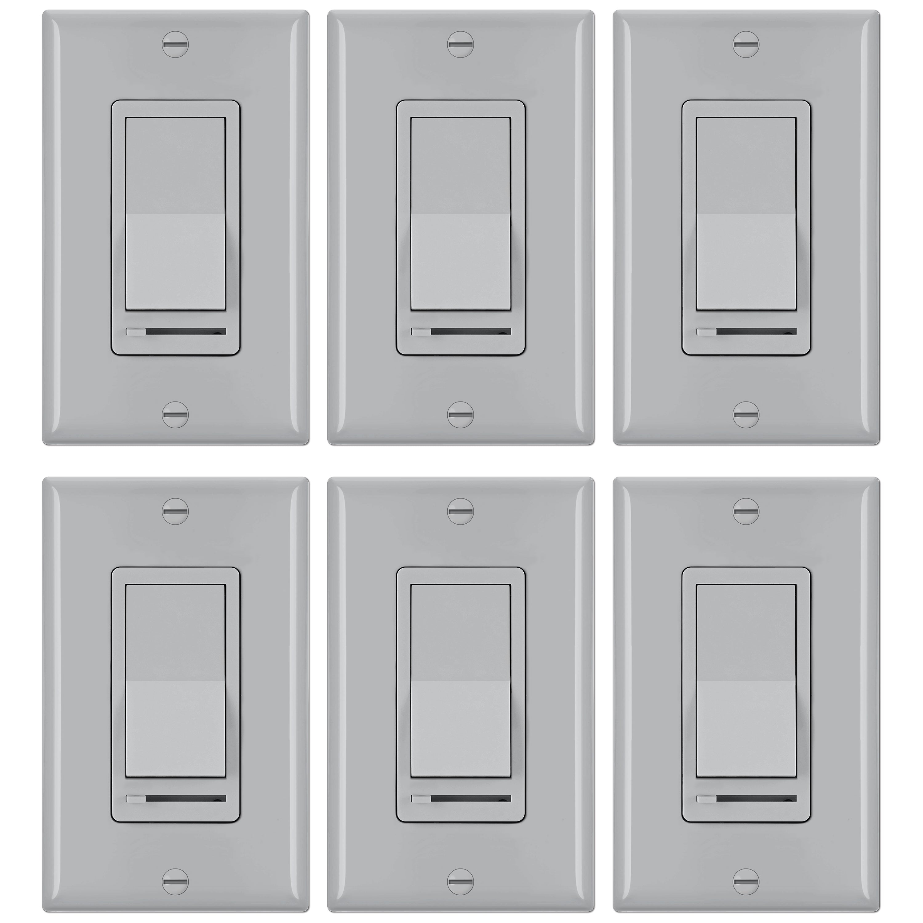 [6 Pack] BESTTEN Dimmer Switch, Way or Single Pole, for Dimmable LED Light,  Halogen and Incandescent Bulbs, UL Listed, Gray