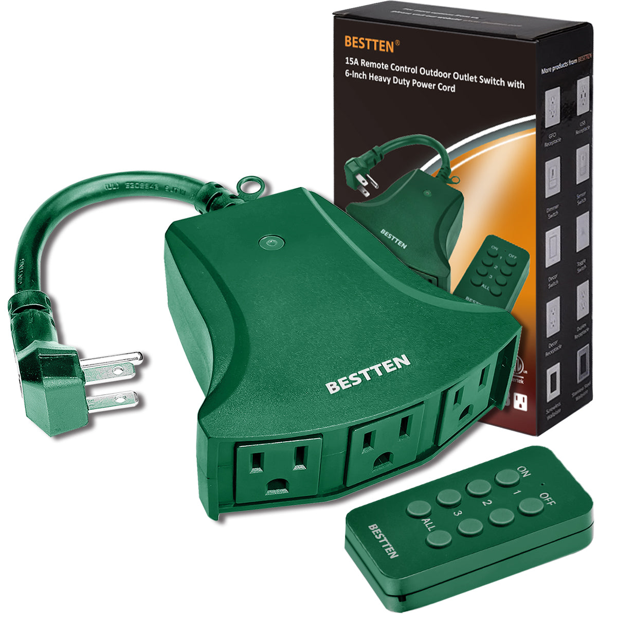 Green Remote-Control 3-Outlet Outdoor Power Hub