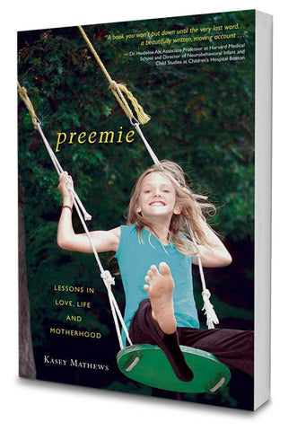 cover of Preemie Memoir by Kasey Mathews image of young girl on swing