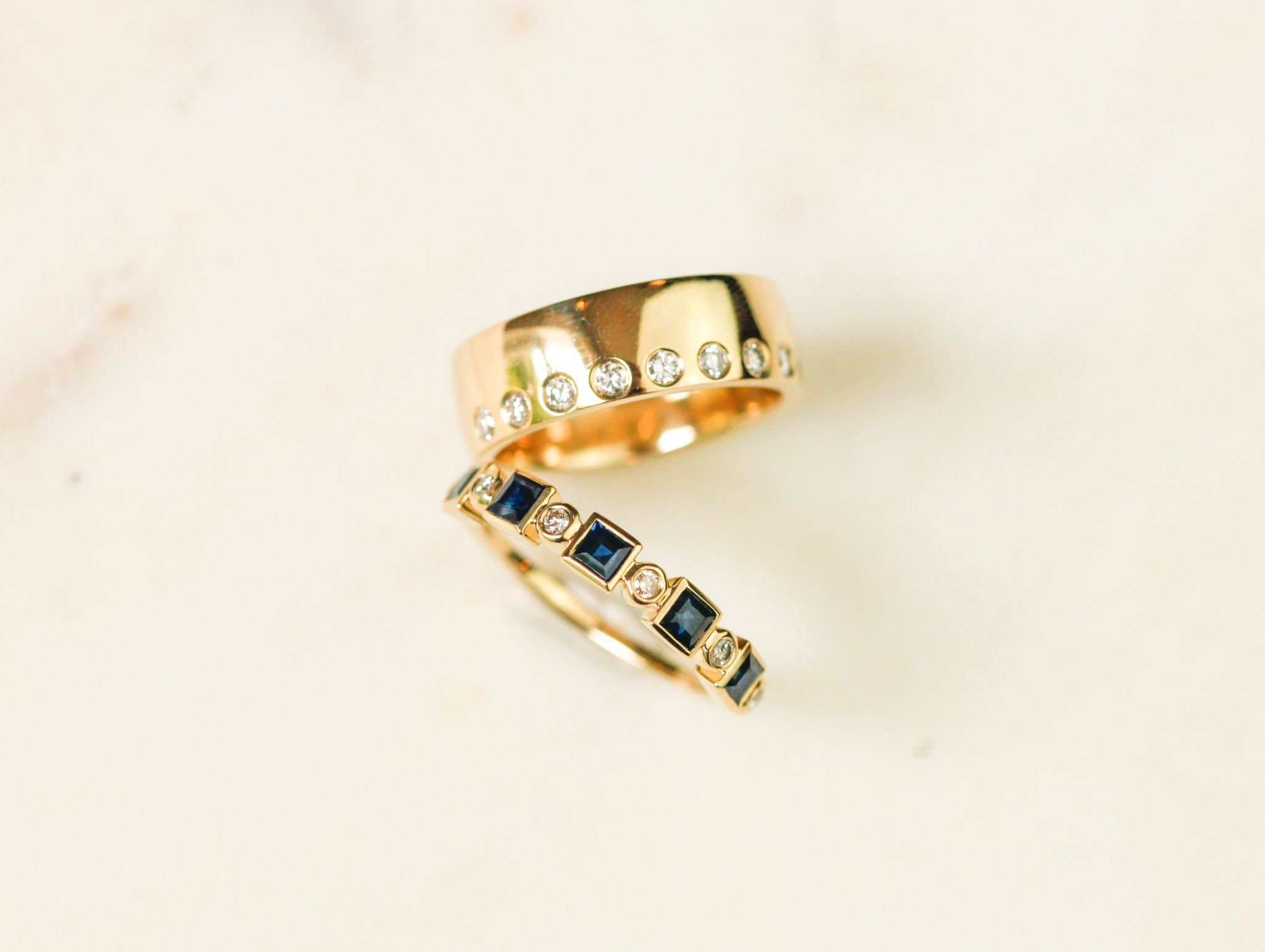 Glen & Effie, diamond and sapphire bezel bands to stack, mix, and match. Heirloom rings reset and transformed into a new design. Nashville jewelry designer who redesigns old jewelry.
