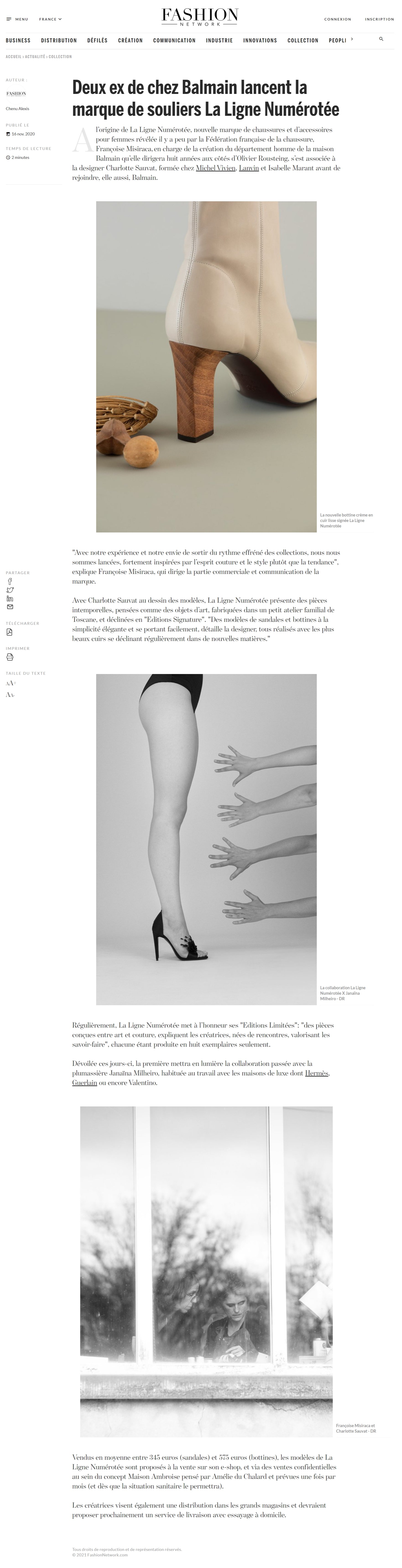 Deux ex de chez Balmain, Francoise Misiraca et Charlotte Sauvat lancent la marque de souliers La Ligne Numérotée -  Fashion Network, 16 novembre 2020 