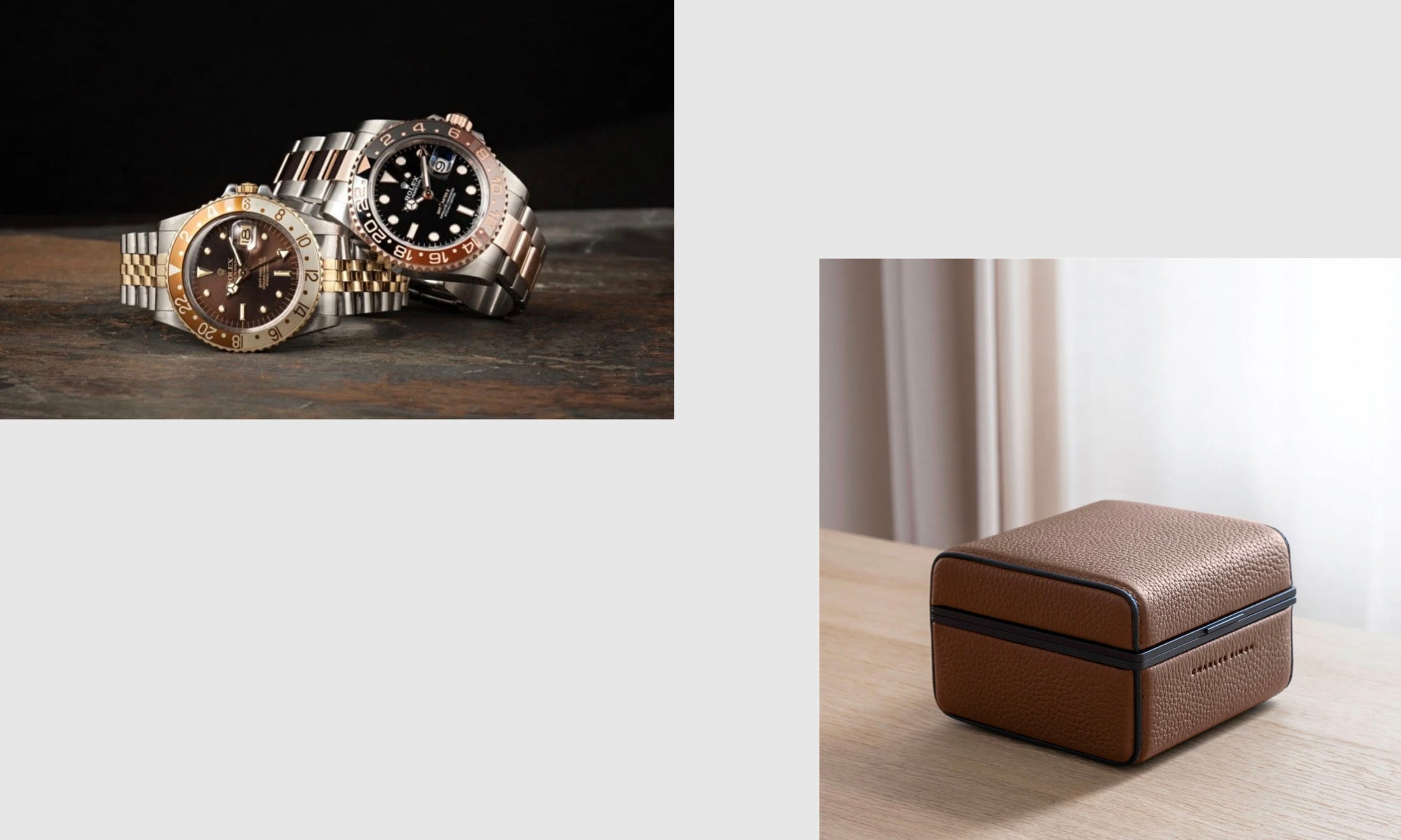 Product shot of vintage Rolex GMT Master II Root Beer and modern Rolex GMT Master II Root Beer and Eaton 1 Watch case in tan leather and black anodized aluminum