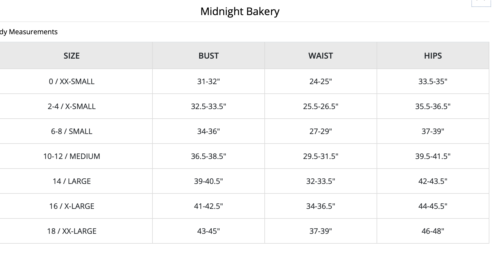 Midnight Bakery Size Chart