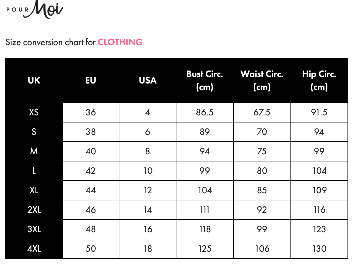 Pour Moi Size Chart