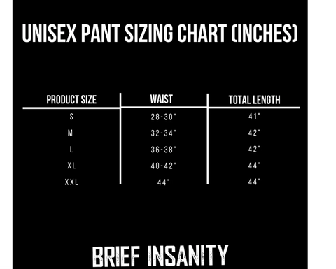 Sizing guide for Brief Insanity Products