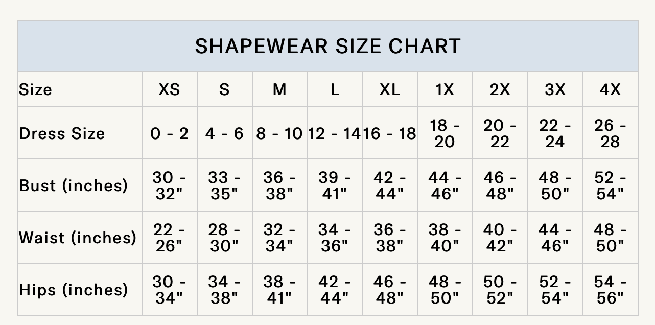 TC Shapewear Size Chart