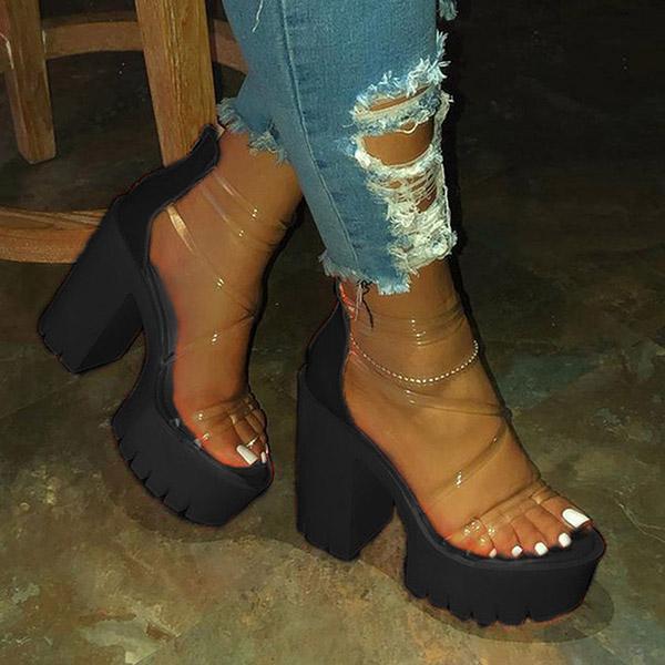 Fyshare Chunky Heel Back Zipper Sandals Open Toe Clear Strappy Platfor