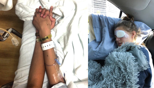 Photo collage post surgery. Close up of arm with two hospital bands around the wrist and sleeping girl wearing eye patch.
