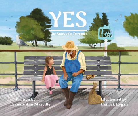 The cover of Frankie Ann's book "Yes", which was illustrated by Patrick Regan. The cover shows a young girl in a ballerina outfit sitting next to a gardener. They are sitting on a bench with trees and grass behind them.