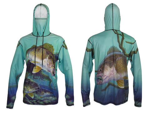 Walleye sun protective fishing hoodie with built in facemask.