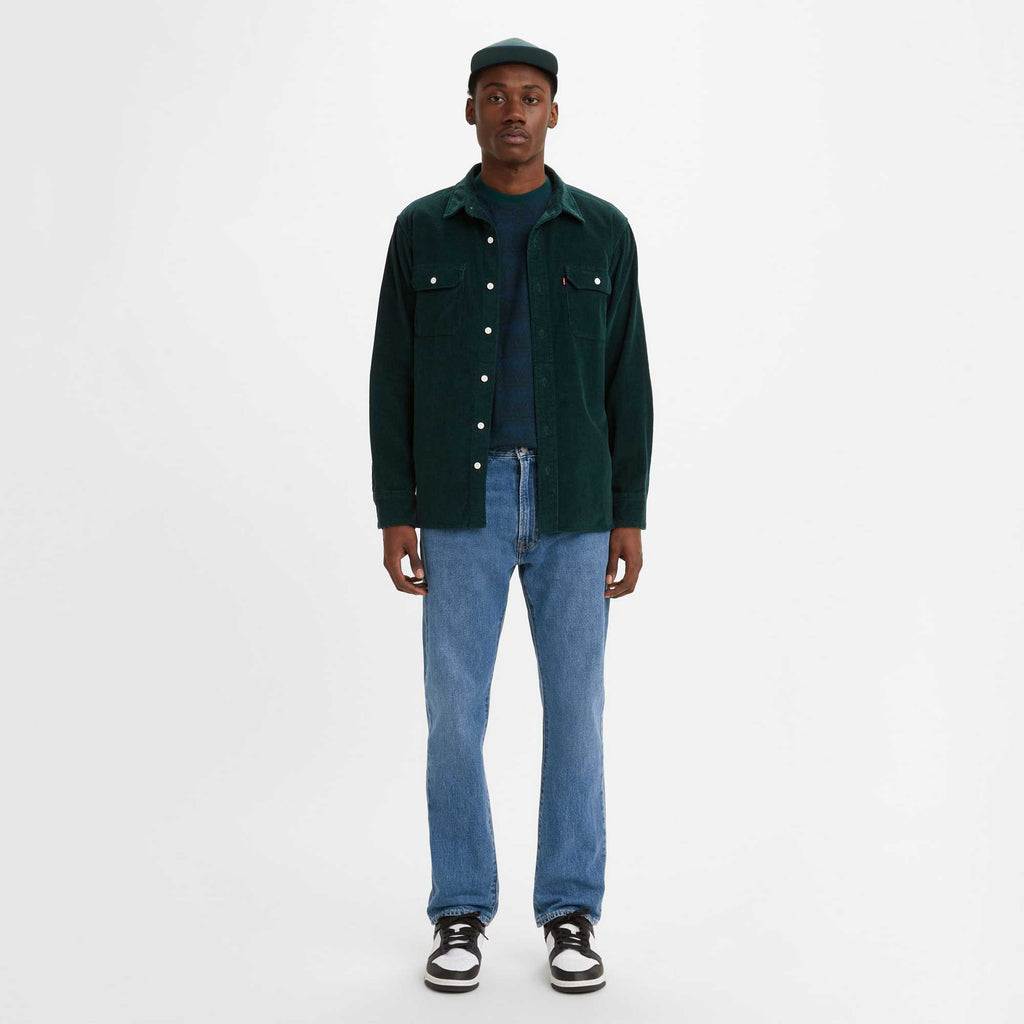 Men's Navy Denim Jacket, Black Crew-neck Sweater, Dark Green Corduroy  Jeans, Silver Watch | Lookastic