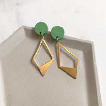 Load image into Gallery viewer, Apple Green &amp; Gold Dangly Geometric Earrings

