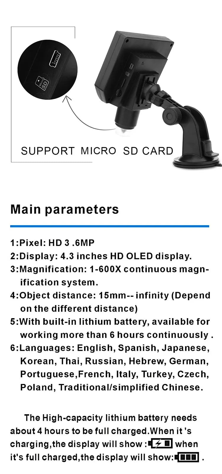 Mustool G600 Digital Portable 1-600X 3.6MP Microscope