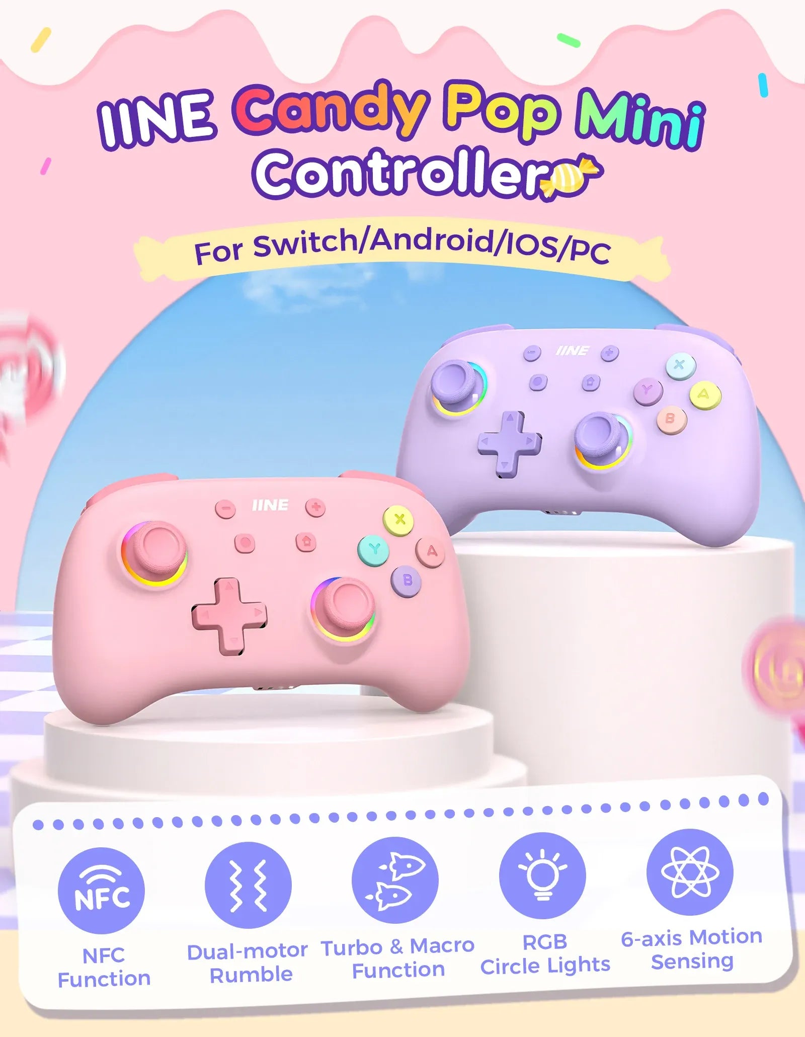 IINE Candy Pop Mini Controller: For Switch (supports Amiibo), PC, Android, iOS