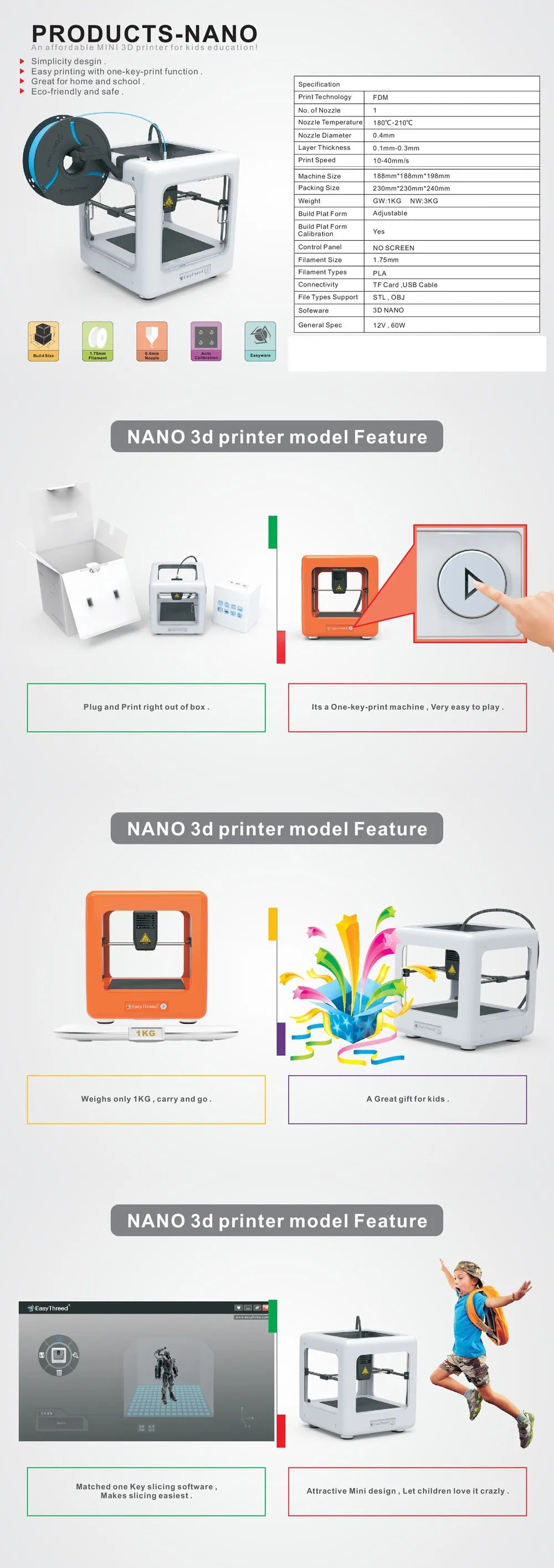Easythreed NANO Fully Assembled 3D Printer 90*110*110mm Print Size