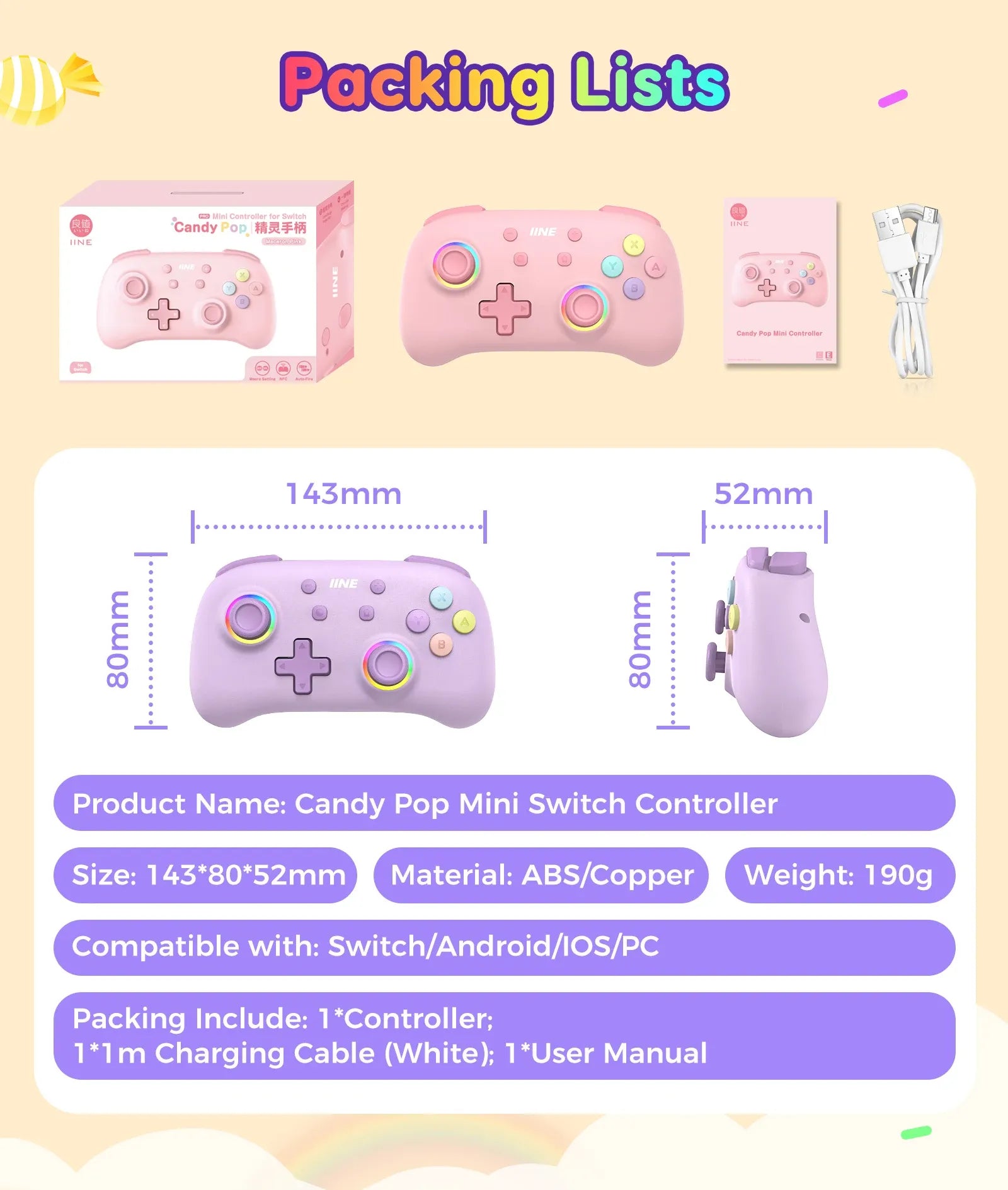 IINE Candy Pop Mini Controller: For Switch (supports Amiibo), PC, Android, iOS