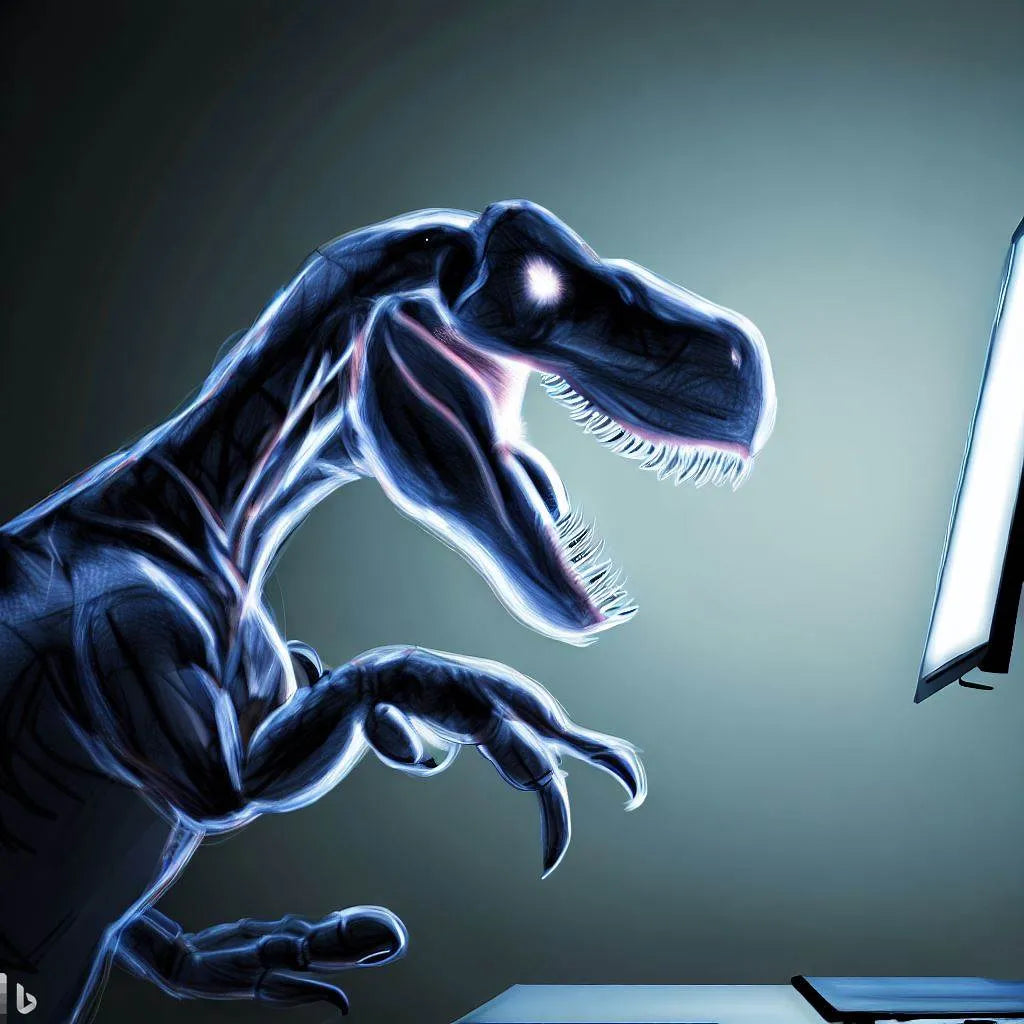 T-Rex using a computer