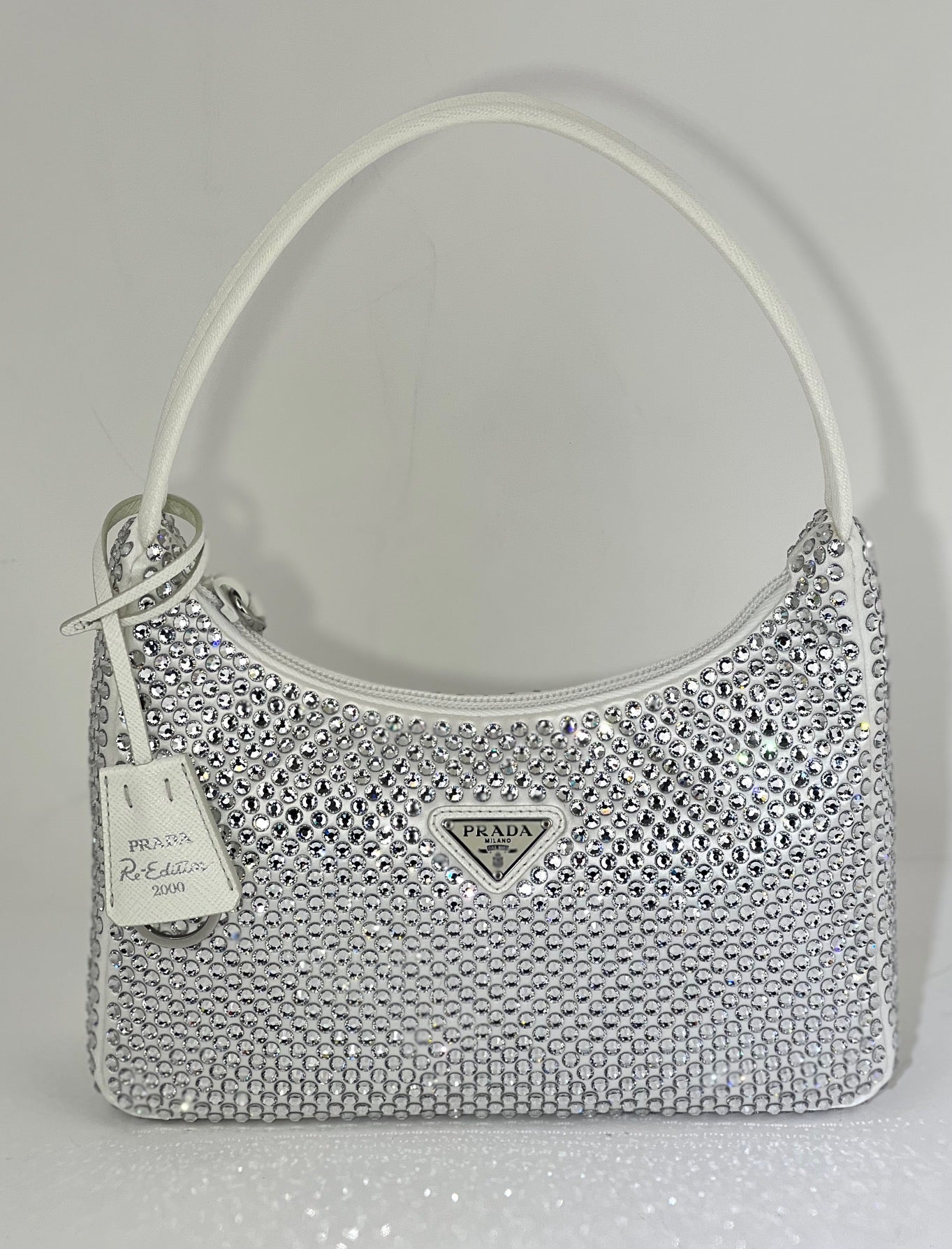 Prada Hand Bag Re Edition 2000 Satin White Mini-Bag with Crystals Bag –  Debsluxurycloset