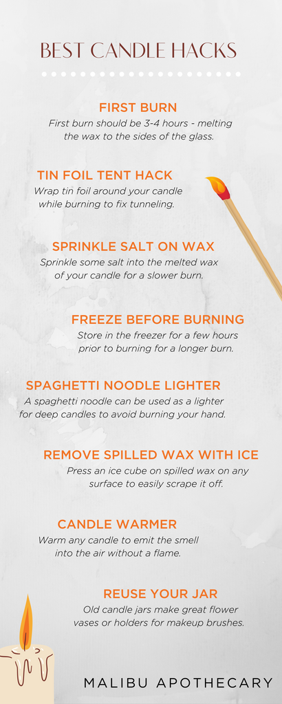 Malibu Apothecary infographic with 8 best candle hacks to make your candle last longer