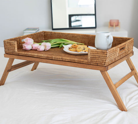 Pottery Barn rattan serving tray with stand for breakfast in bed