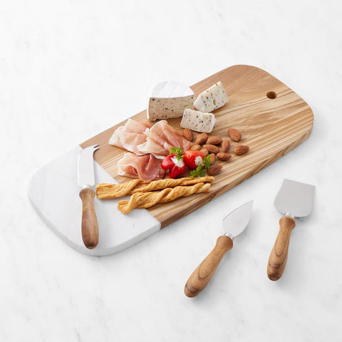 Williams Sonoma rectangular wooden and marble charcuterie board with 3 included cheese knives