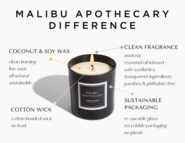 Malibu Apothecary clean ingredient candles with nontoxic fragrance made with essential oils and safe synthetics