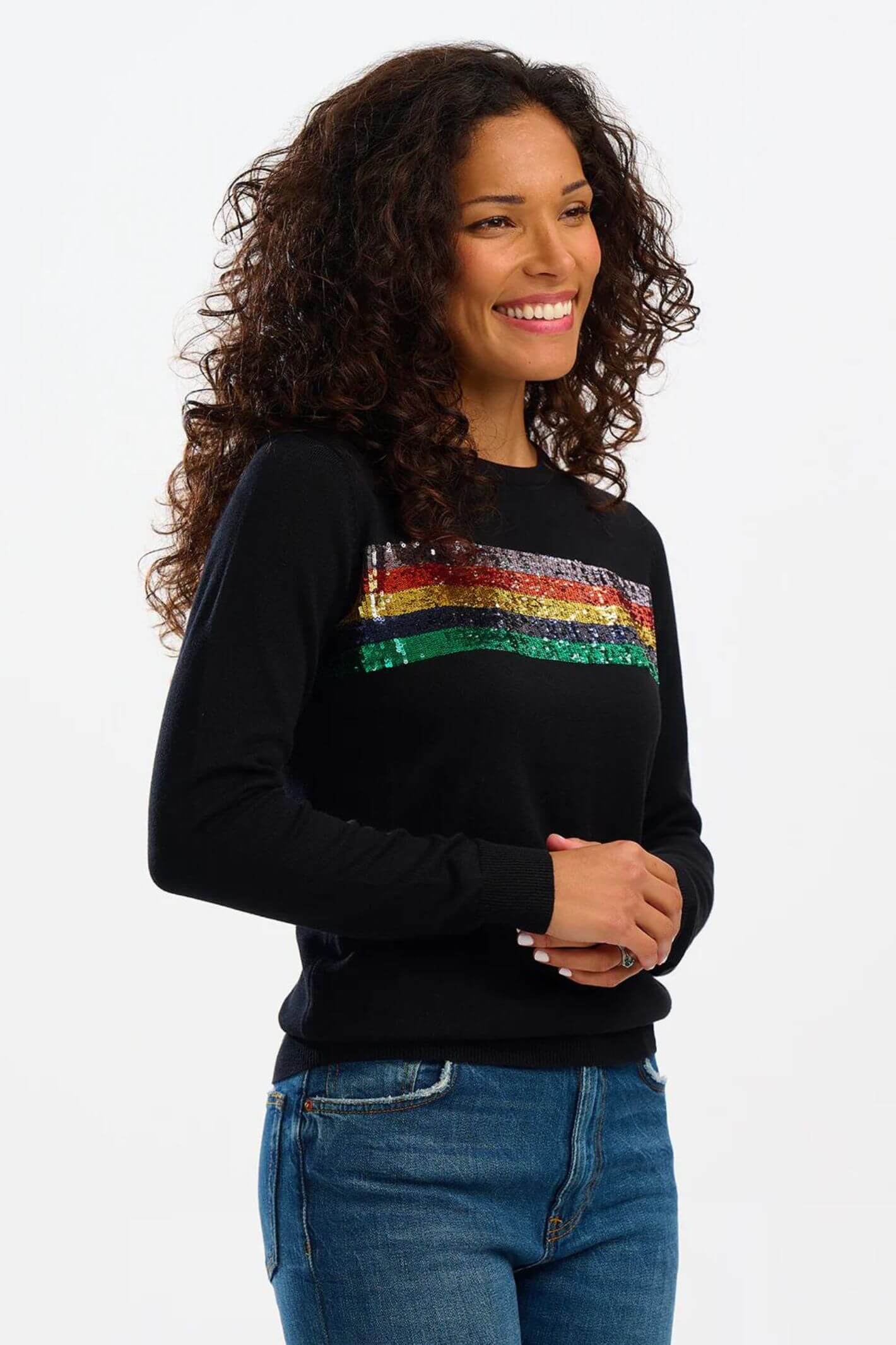 Sugarhill Brighton Cece Sequin Jumper Black Autumn Rainbow