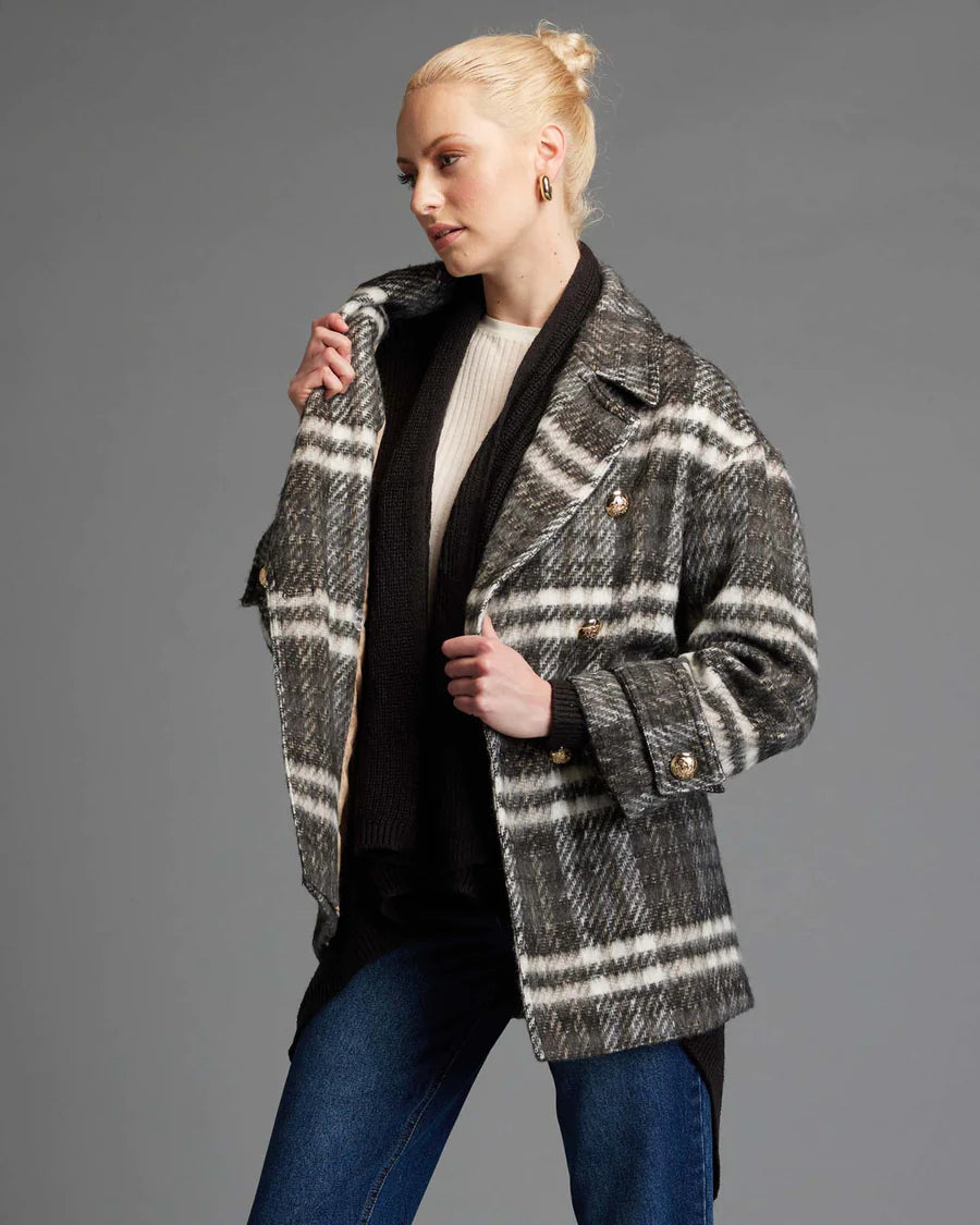 Fate + Becker Songbird Plaid Pea Oversized Coat Chocolate Check