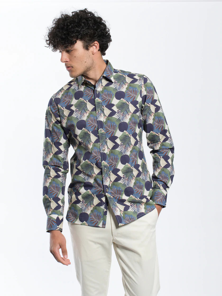 James Harper JHS413 L/S Abstract Palm Shirt Navy