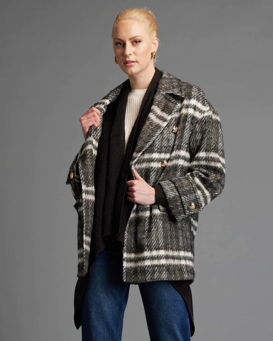 Fate + Becker Songbird Plaid Pea Oversized Coat Chocolate Check