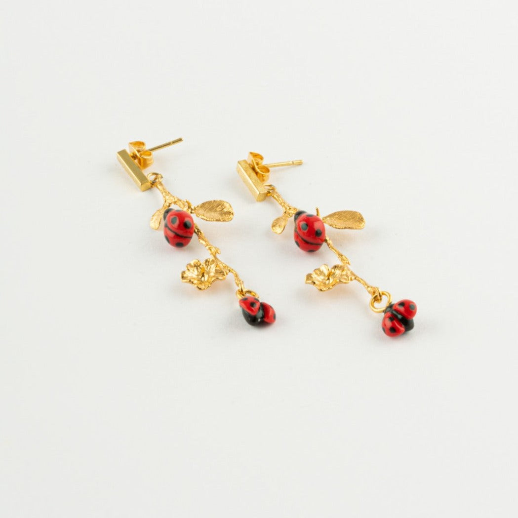 Nach Ladybug Leaf Branch Drop Earrings