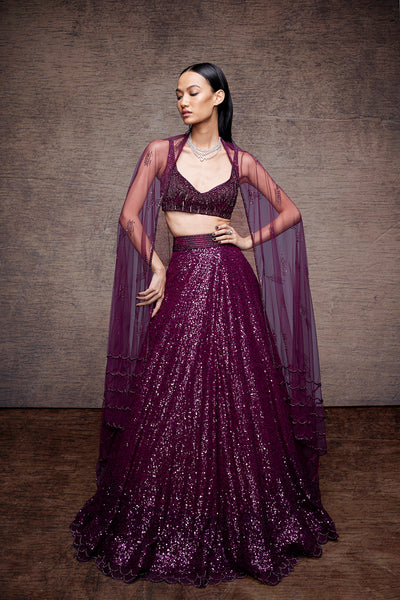 Purple Embroidered Net Lehenga Choli